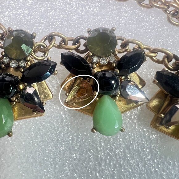J.Crew 22" Statement Necklace W/ Green & Black Gemstone Accents On Gold-Tone - Picture 6 of 8